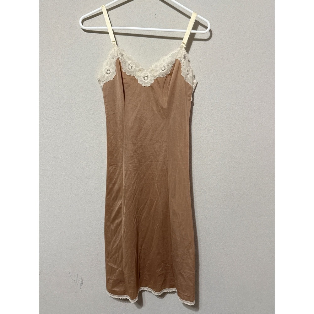 Vintage Olga Full Slip Dress Women Size 32 Taupe Cream Lace Trim Lingerie